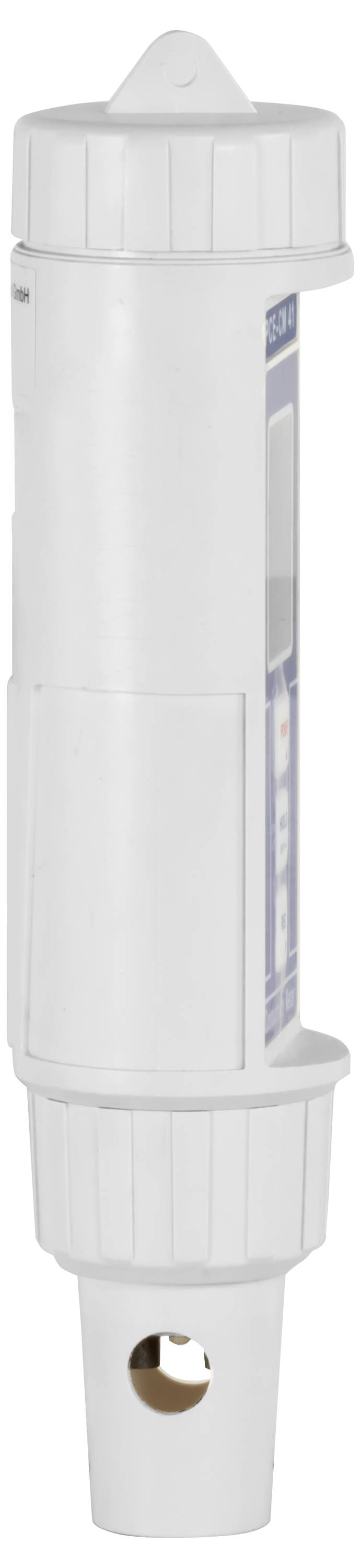 Weißer zylindrischer Wasserfiltereinsatz mit geripptem Ober- und Unterteil, Seitenetikett und einem Befestigungsloch in der Nähe der Basis.