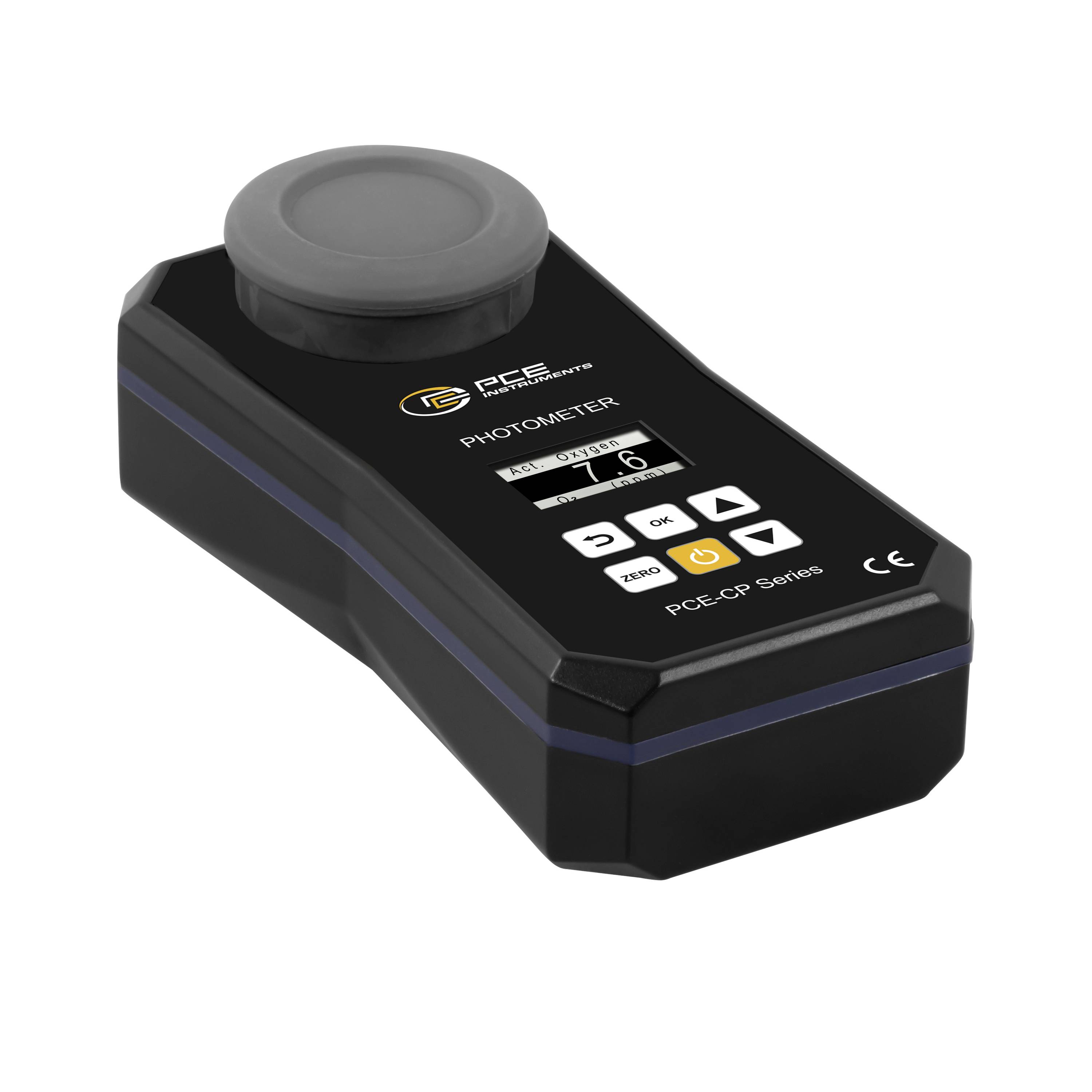 Tragbares Handphotometer mit einer Probenküvette und Display, Modell PCE-CP Serie.