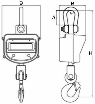 Technische Zeichnung eines Krans mit Haken und Bauteilen, die mit A, B und H gekennzeichnet sind. Seiten- und Vorderansicht dargestellt.