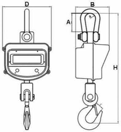 Technische Zeichnung eines Kranwagens mit oben befestigtem Griff (D) und unten Haken. Seiten- und Frontansicht zeigen Maße A, B, H.