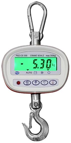 Waage mit digitaler Anzeige zeigt '5,30 kg'. Maximalgewicht 300 kg. Haken oben und unten. Modell: PCE-CS 300.