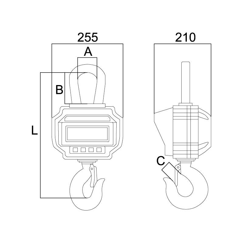 Diagramm zeigt Hakenwaage in zwei Ansichten mit Maßen: 255 Länge, 210 Breite. Etiketten: A, B, C markieren Teile der Waage.
