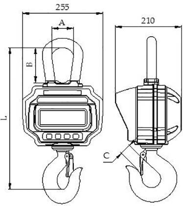 Technische Zeichnung einer Kranwaage mit Hakendarstellung. Links Draufsicht mit Maßen A, B und L; rechts Seitenansicht mit Maß C.