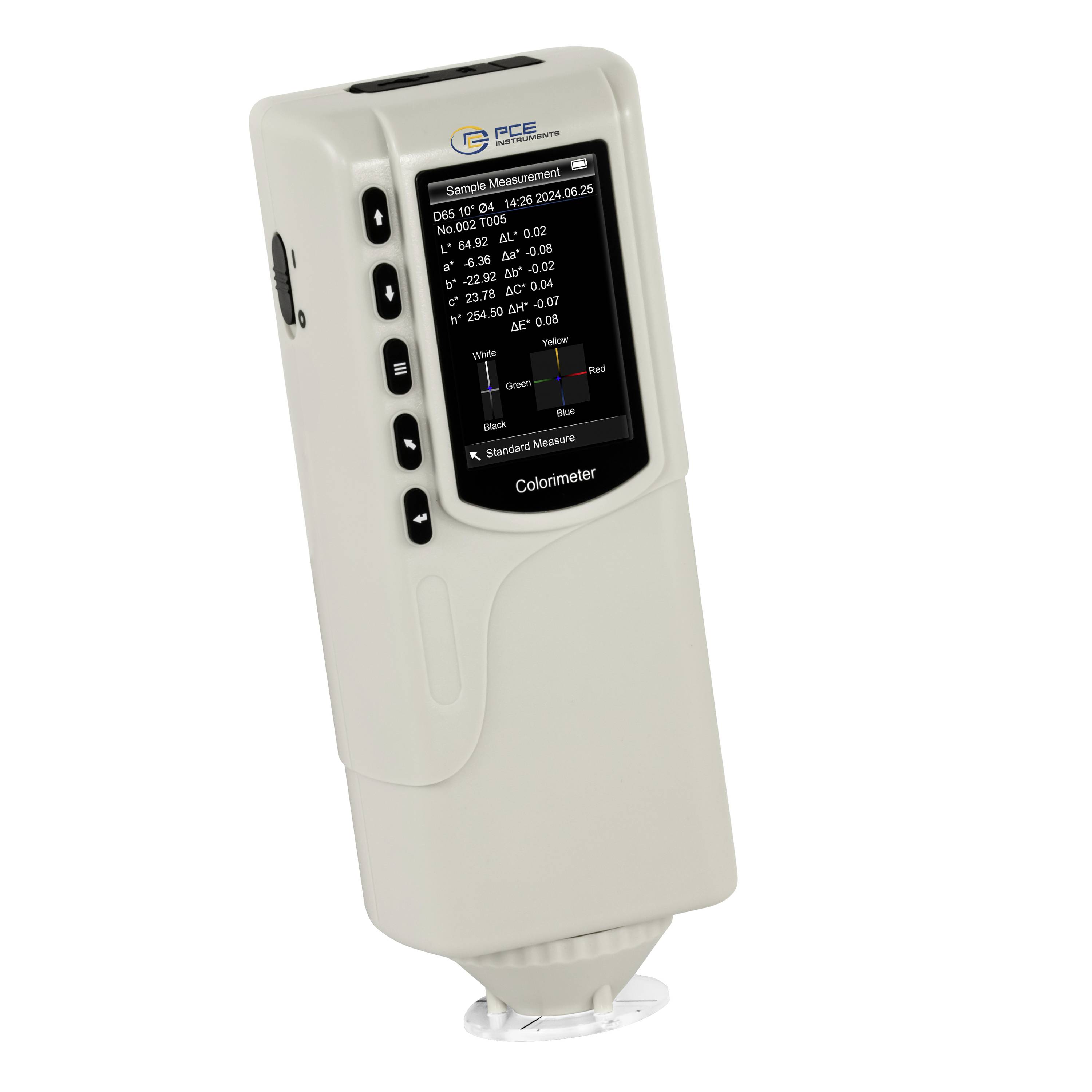 Tragbares PCE-Kolorimeter mit Bildschirm, der eine Mustermessung und Farbdifferenzwerte anzeigt.