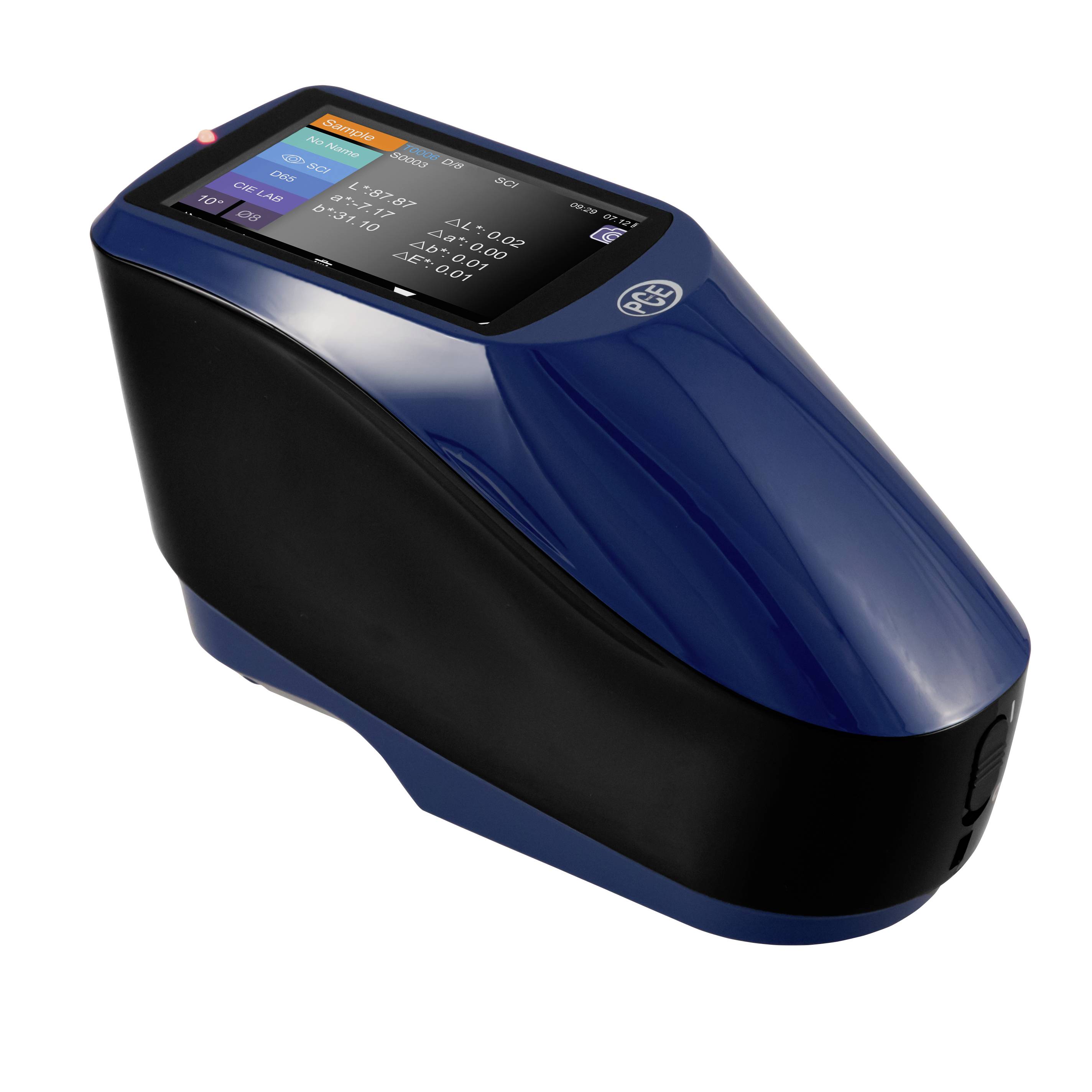 Tragbares Farbmessgerät in Blau und Schwarz mit Touchscreen-Display.