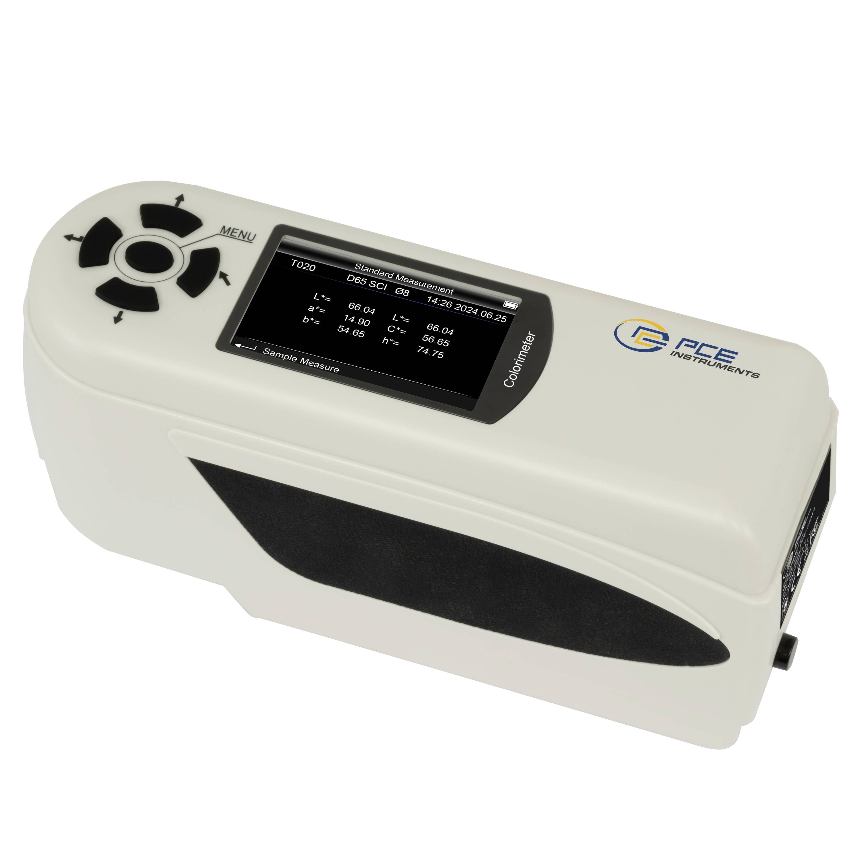 PCE Instruments tragbares Farbmessgerät mit LCD-Display und Steuertasten, zum Messen und Vergleichen von Farbwerten.