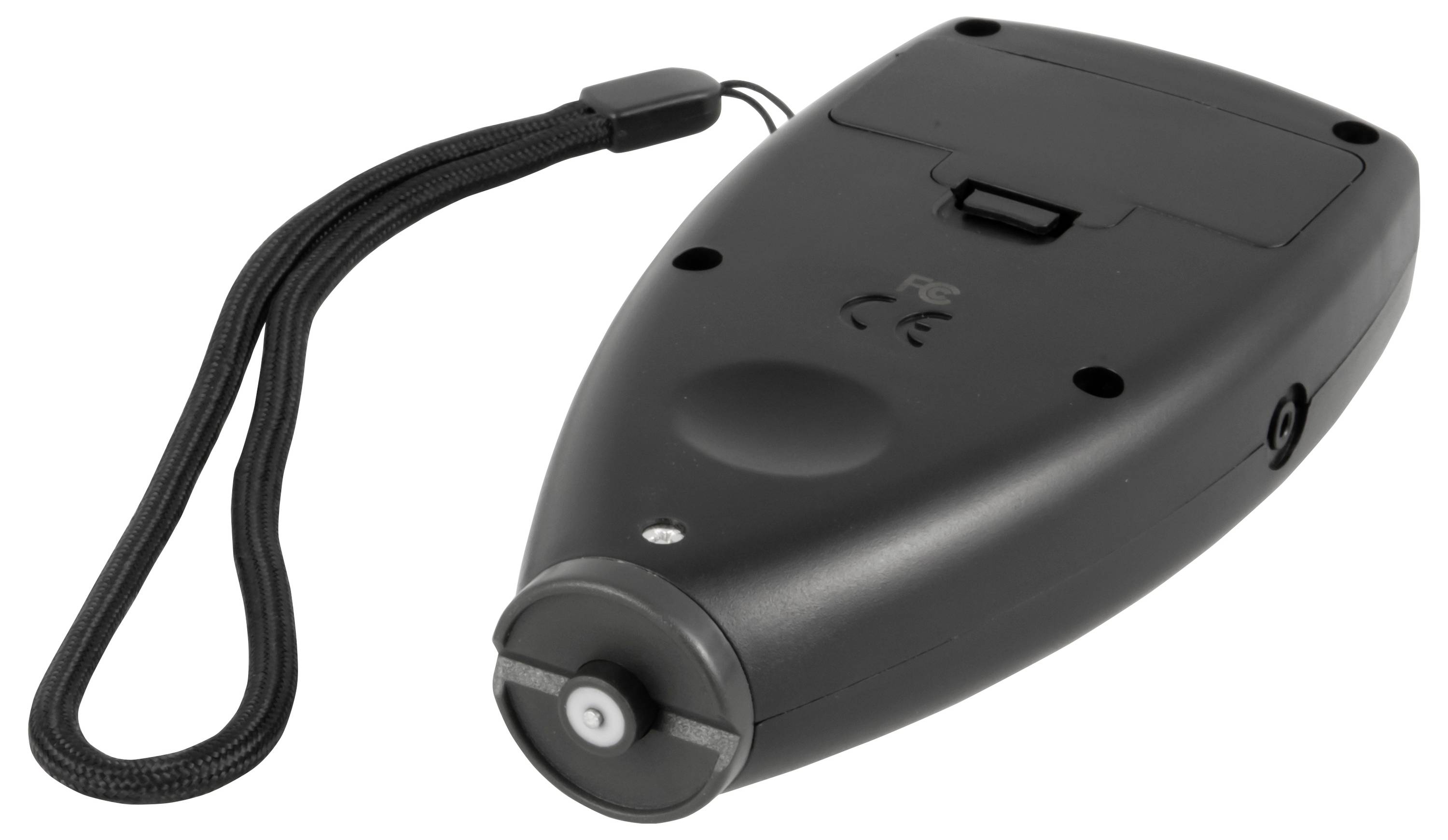 Schwarzes tragbares elektronisches Gerät mit Handgelenkband und rundem Frontknopf, dargestellt auf weißem Hintergrund.
