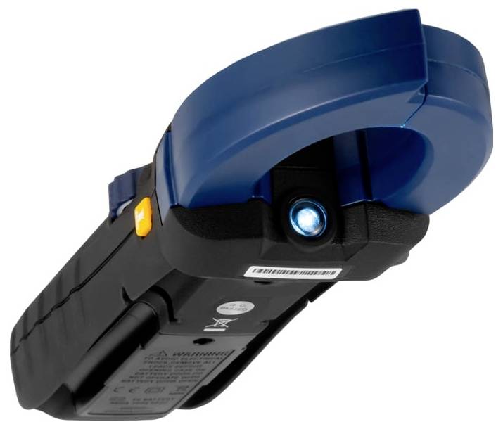 Blauer und schwarzer tragbarer Barcode-Scanner mit beleuchtetem Sensor, vor weißem Hintergrund dargestellt.