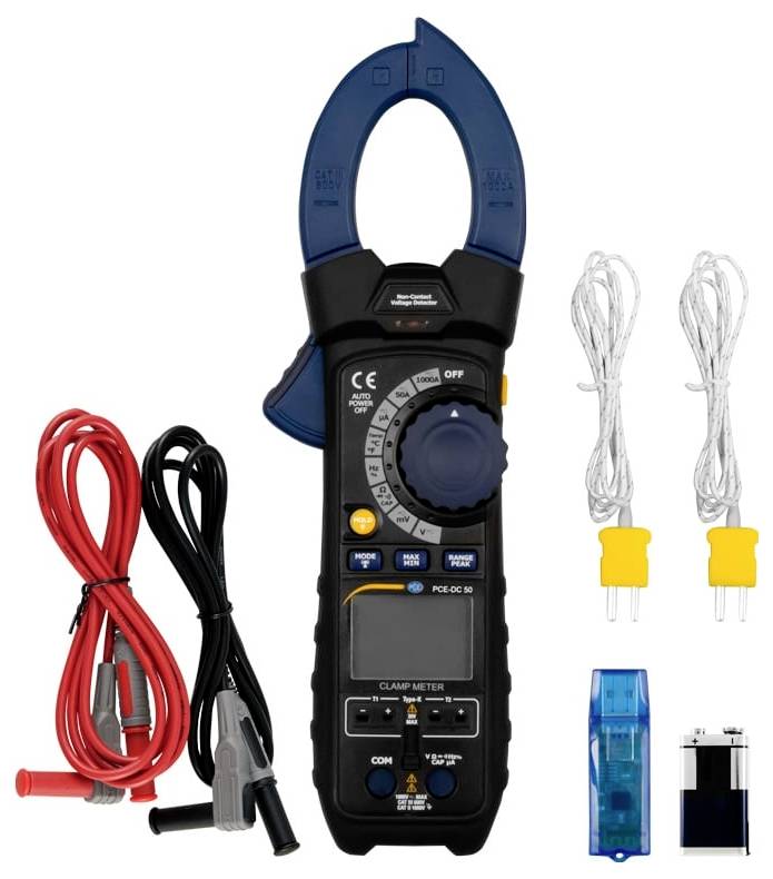 Zangenmessgerät-Set mit Messleitungen, zwei Stromzangen, einer Sicherung und einem blauen Adapter, dargestellt als enthaltenes Zubehör für elektrische Messung.