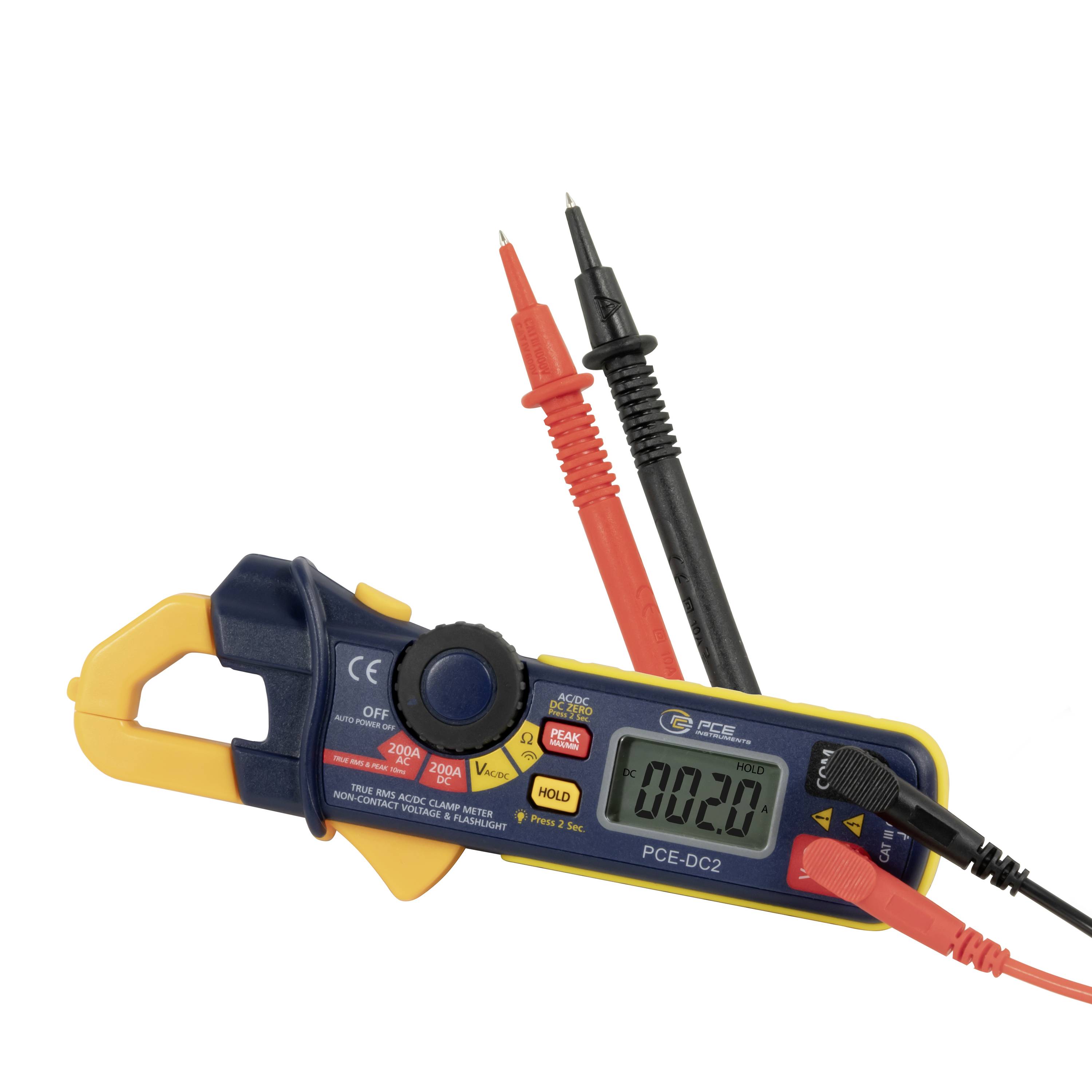 Digitale Zangenmesser mit Displayanzeige von 002.0, rote und schwarze Messleitungen angeschlossen, verwendet zur Messung von elektrischem Strom.