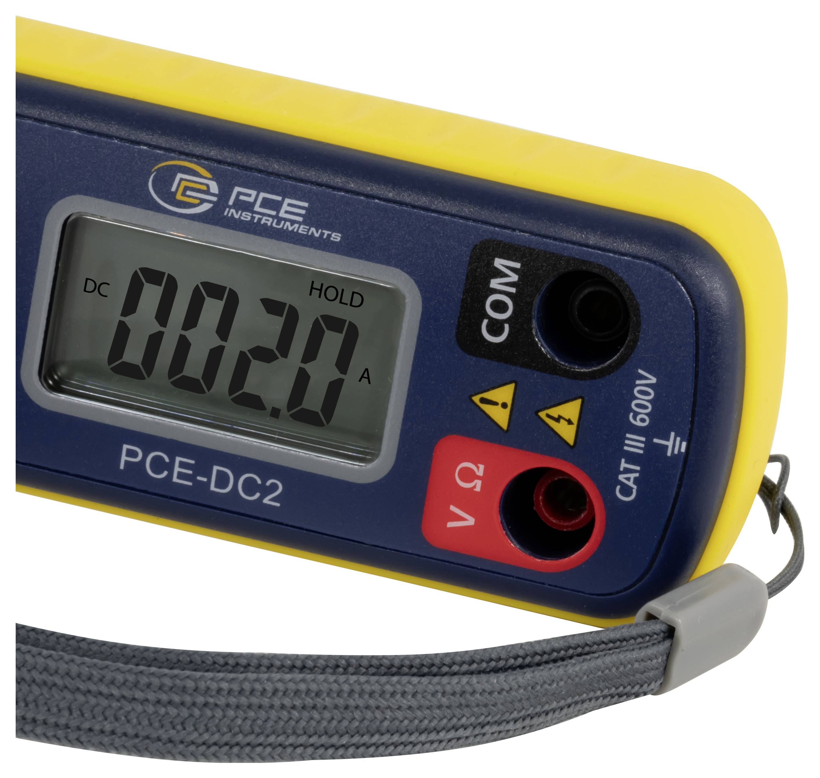 Digitale Stromzange zeigt 00.20 A DC an, mit COM- und VΩ-Anschlüssen und einem Handgelenkriemen.