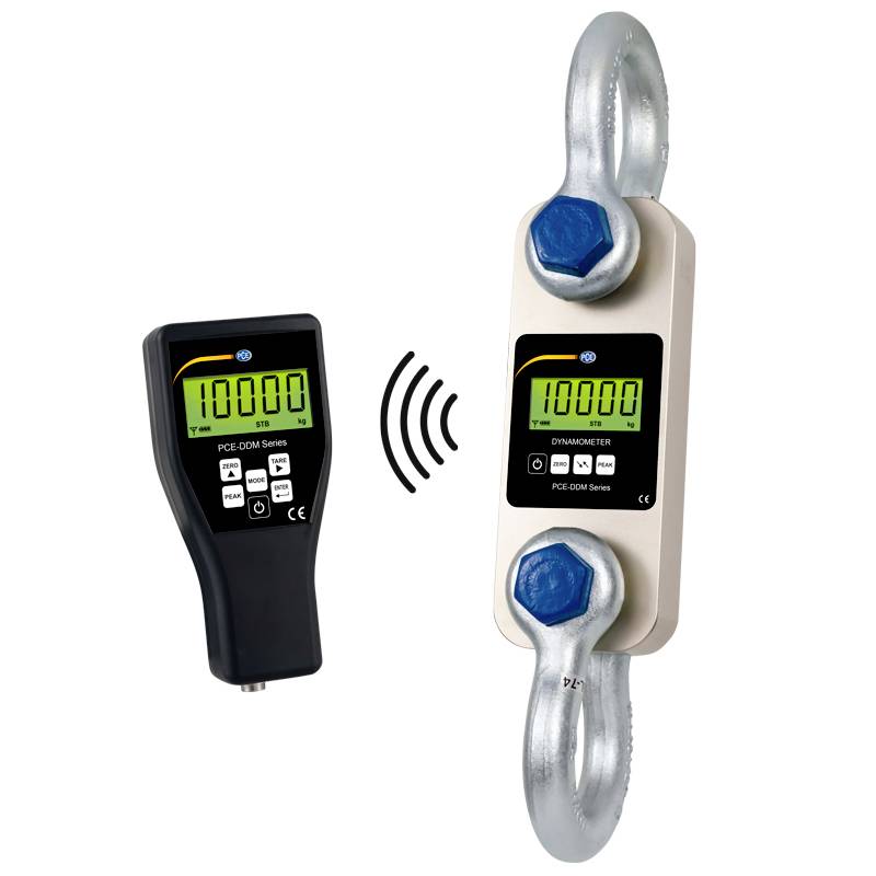 Dynamometer mit Digitalanzeige zeigt '10000', verbunden mit einem schwarzen Handgerät für drahtlose Messungen.