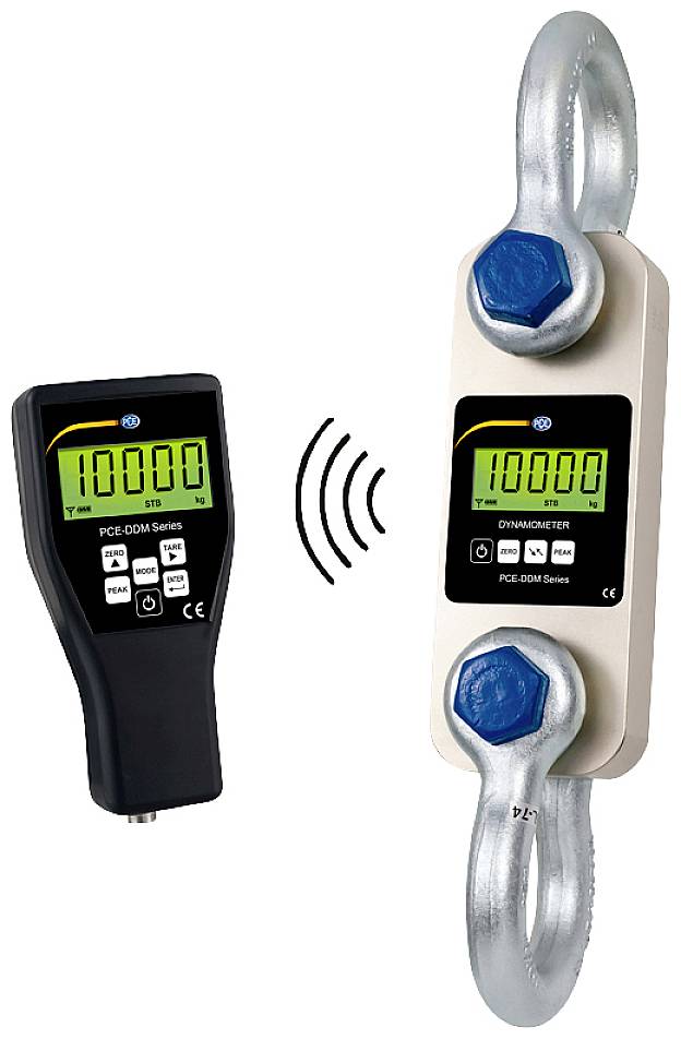Tragkraftdynamometer mit digitaler Anzeige zeigt '1000 kg'. Tragbare Fernbedienung mit gleichem Display zur Gewichtskontrolle.