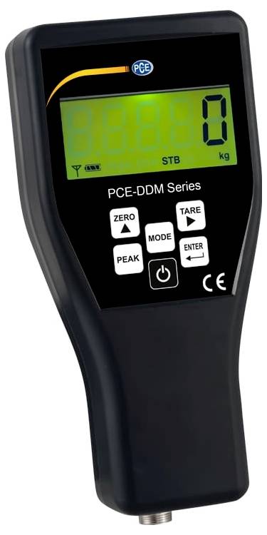 Tragbares digitales Kraftmessgerät mit der Bezeichnung 'PCE-DDM Series' mit LCD-Display und Tasten für Nullpunkt, Tara, Peak, Modus, Eingabe und Stromversorgung.