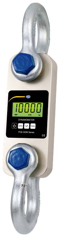 Dynamometer mit digitaler Anzeige, zeigt Wert 10000 an. Silbernes Gehäuse mit blauen Schrauben. Werkzeug zur Kraftmessung.