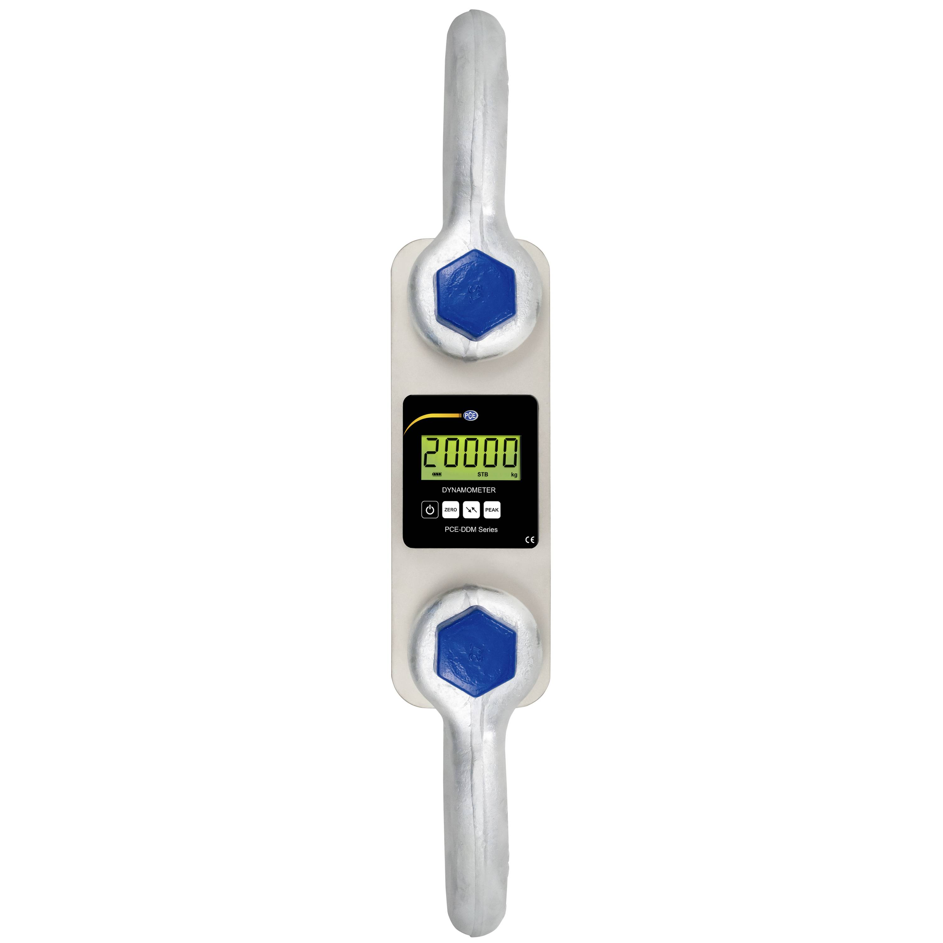 Digitaler Kraftsensor mit zwei blauen Befestigungspunkten und einem Display, das „20000