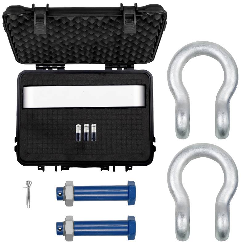 Ein schwarzer Koffer mit Schaumstoffeinlage enthält zwei silberne D-Schäkel, zwei blaue Bolzen, vier kleine Metallstifte und einen Splint.