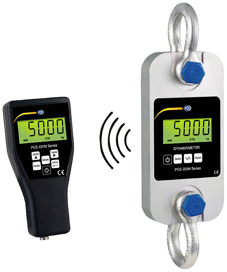 Digitales Kraftmessgerät, bestehend aus einem Handgerät und einem Lastsensor, beide mit Anzeige von '5000 kg'. Drahtlose Verbindung zwischen den Komponenten.