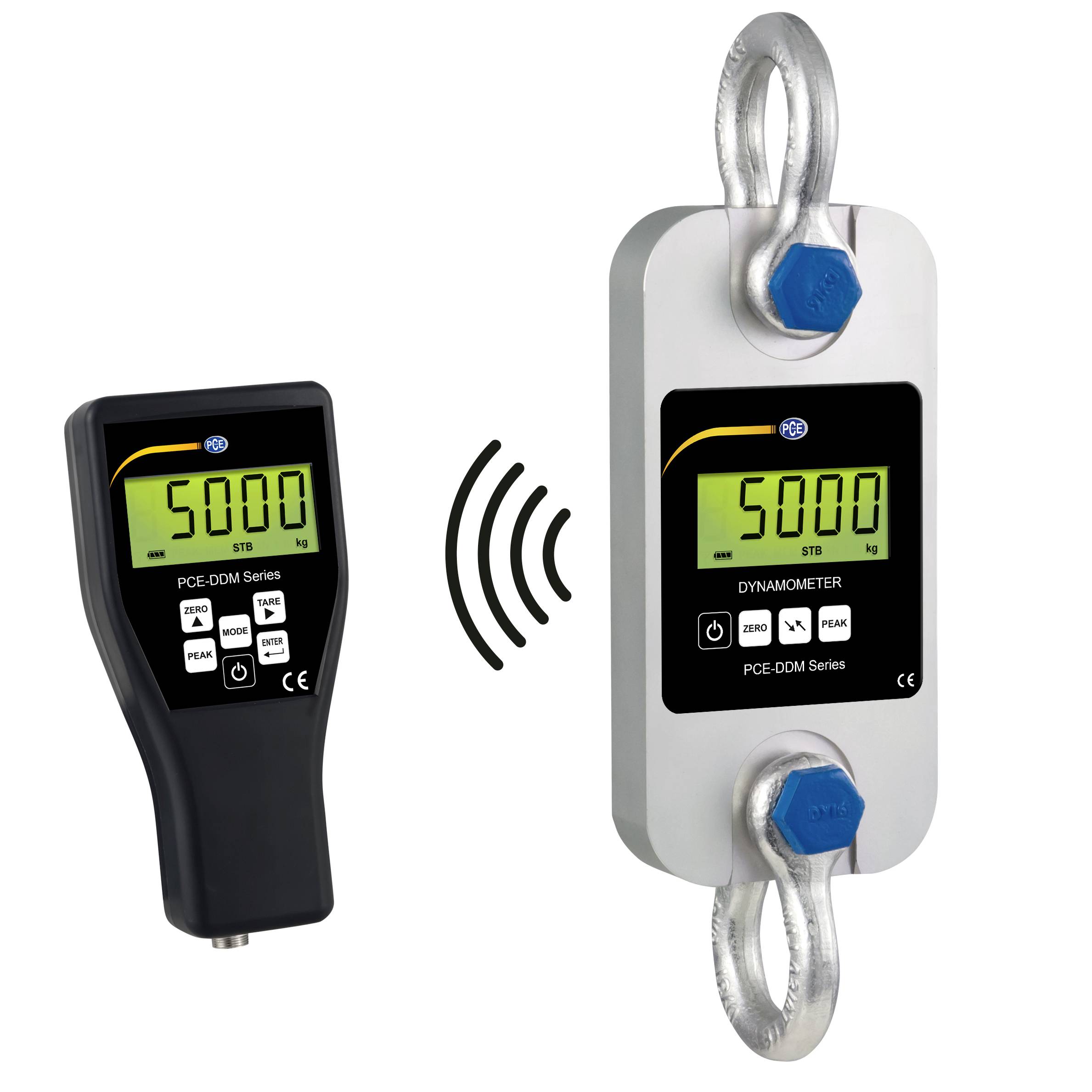 Wireless-Digitalsystem für Dynamometer mit tragbarem Fernbedienungsgerät und Messzelle, beide zeigen 5000 STG kg an, mit Signalsymbol, das drahtlose Kommunikation anzeigt.