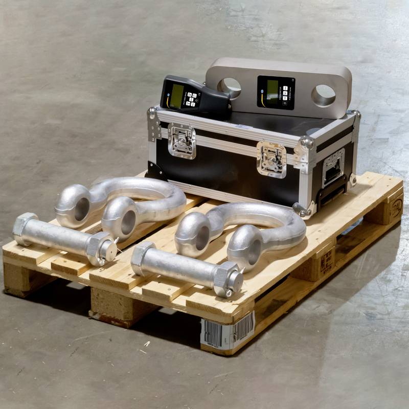 Eine Palette mit großen, silbernen Haken und Bolzen, daneben ein offener Koffer mit zwei elektronischen Geräten auf einem Betonboden.