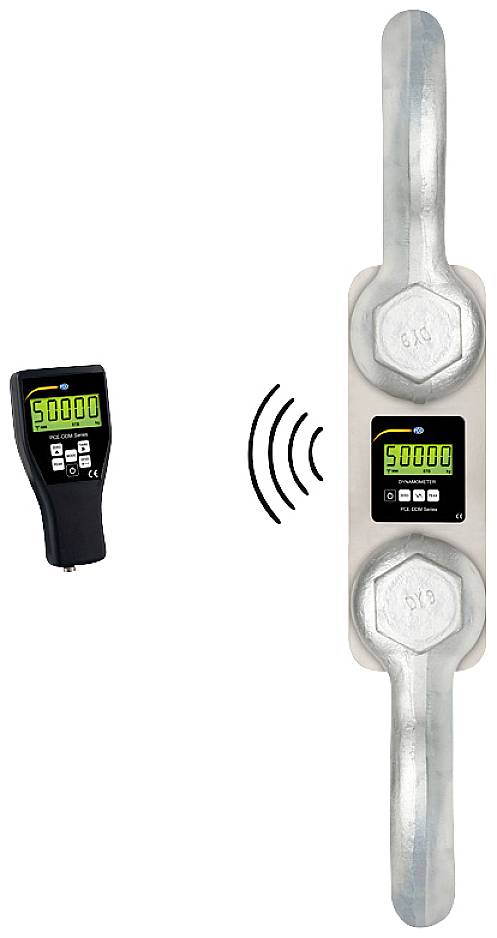 Ein Digitalanzeiger zeigt '50000' an, verbunden mit einem Kraftmessgerät. Drahtlos-Symbol zeigt die Verbindung an.