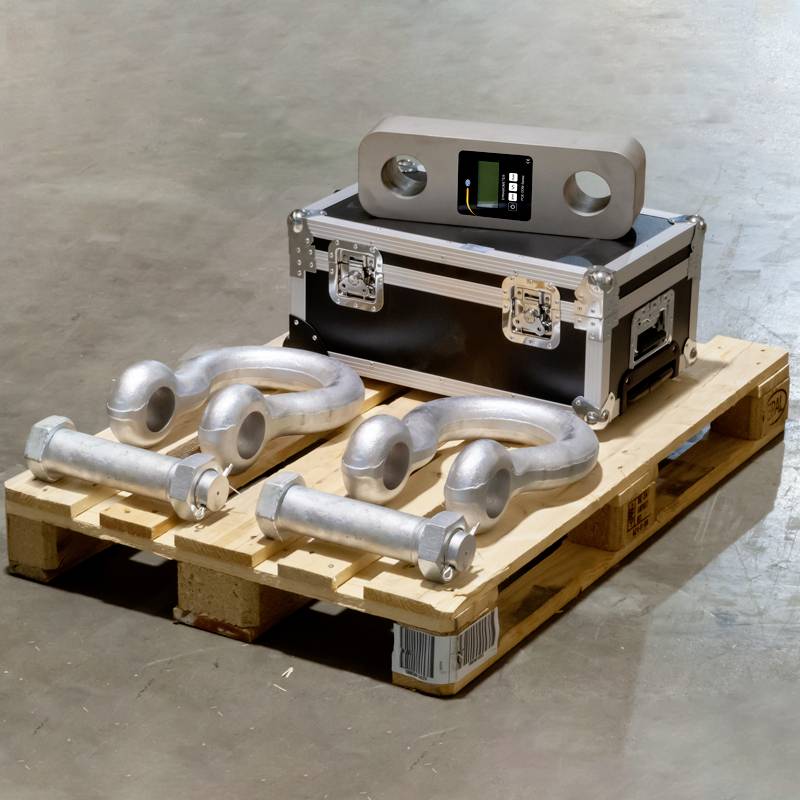 Schwerlast-Hebesystem auf Holzpalette: zwei große, metallische Schäkel neben einem Transportkasten mit Messgerät.