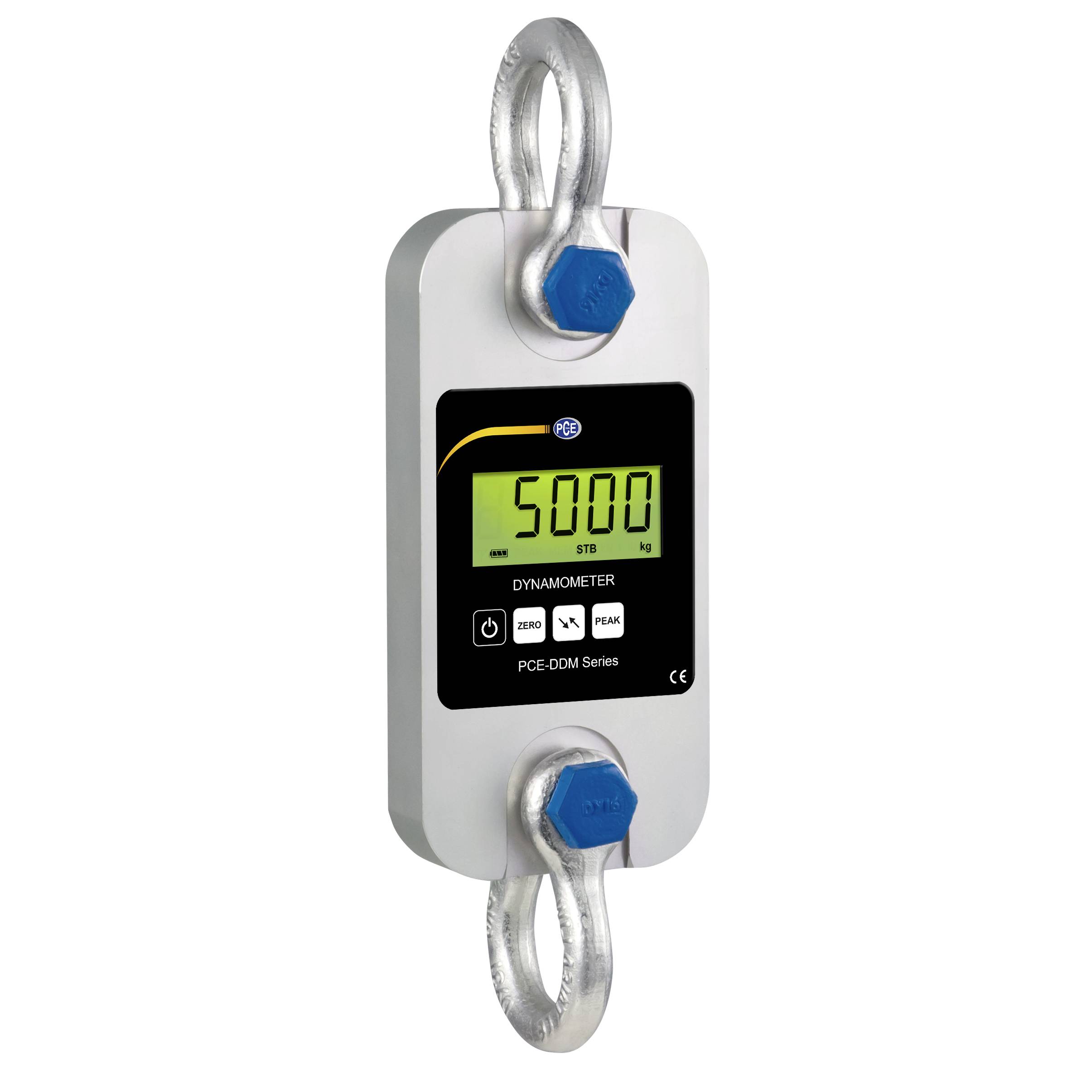 Digitales Dynamometer, das vertikal hängt und auf einem grünen Display einen Messwert von 5000 anzeigt, mit Metallhaken oben und unten.