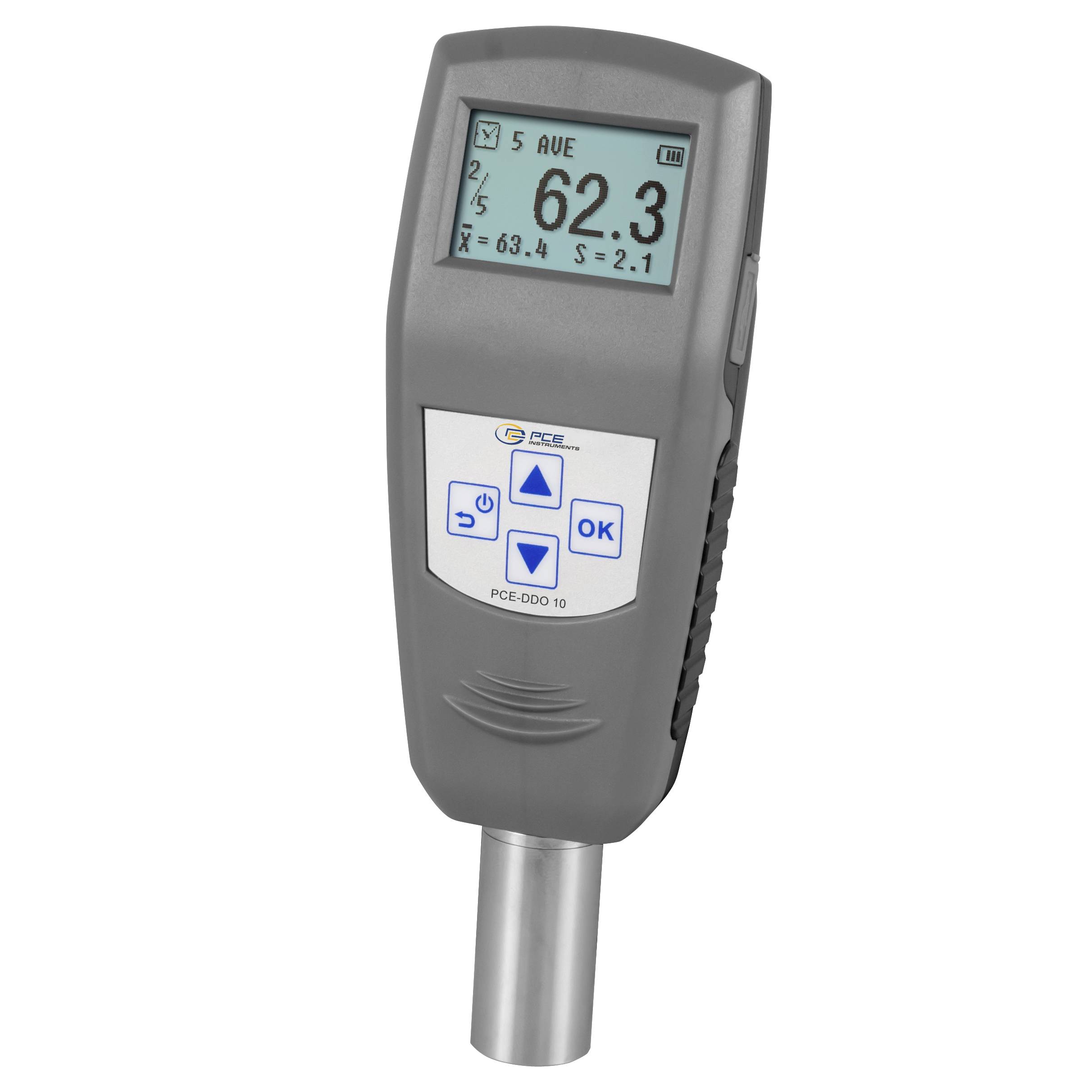 Tragbares digitales Messinstrument mit einer Sonde, das auf dem Display eine Anzeige von 62,3 zeigt und vier Kontrolltasten darunter hat.