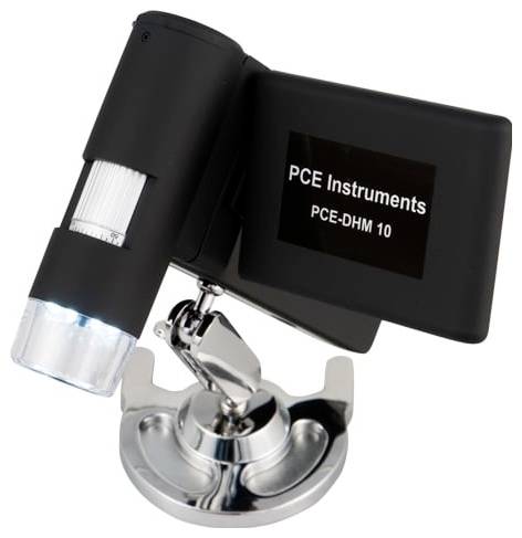 Schwarzes PCE-Messinstrumente PCE-DHM 10 digitales Mikroskop auf einem Ständer, in der Produktansicht mit Bildschirm und eingebauter Beleuchtung.
