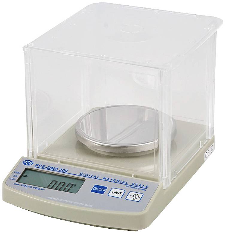 Digitale Präzisionswaage mit Glasabdeckung, blauem Display und Kontrollknöpfen: 'On/Off', 'Unit'. Waage zeigt 0,001 g an.