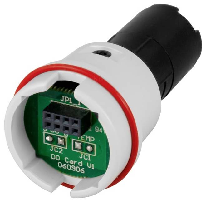 Nahaufnahme eines kleinen zylindrischen elektronischen Sensormoduls mit schwarzer Kappe, weißem Gehäuse und freiliegender grüner Leiterplatte.