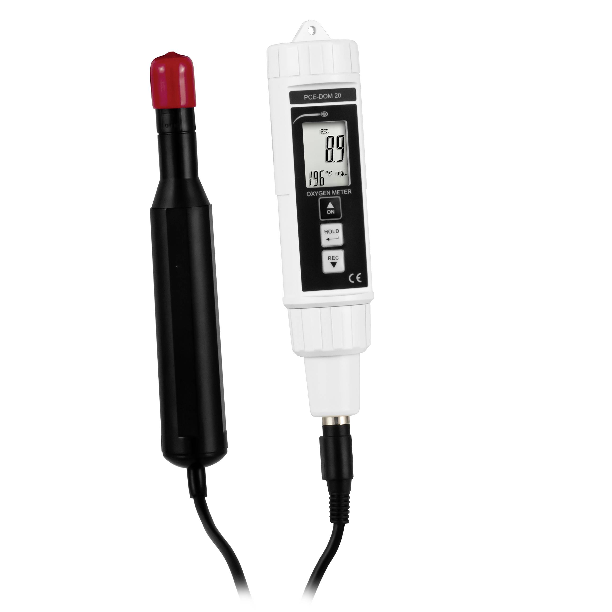 Digitales Sauerstoffmessgerät mit schwarzer Sonde und weißem tragbarem Display, das 8,9 und 19,6°C anzeigt, verbunden durch Kabel.