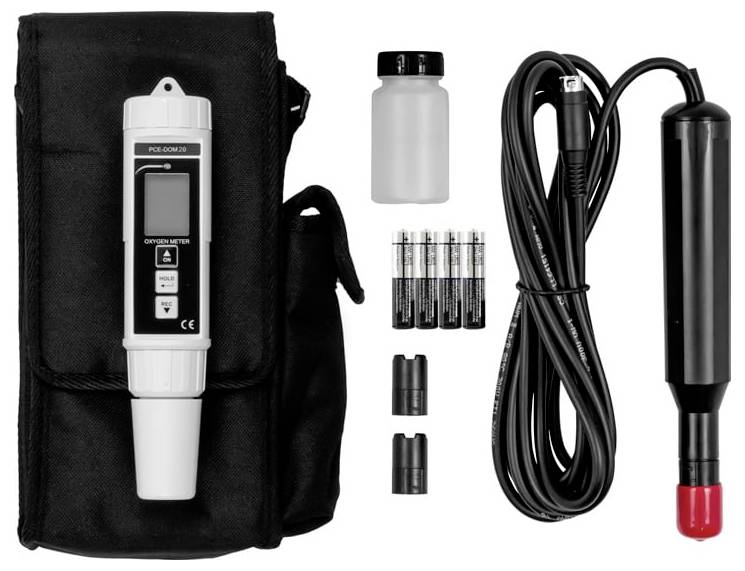 Tragbares Messergerät-Set mit Tragetasche, tragbares digitales pH-Testgerät, Kalibrierungsflasche, Batterien, Probenkappchen und verbundenem Elektrodenkabel.