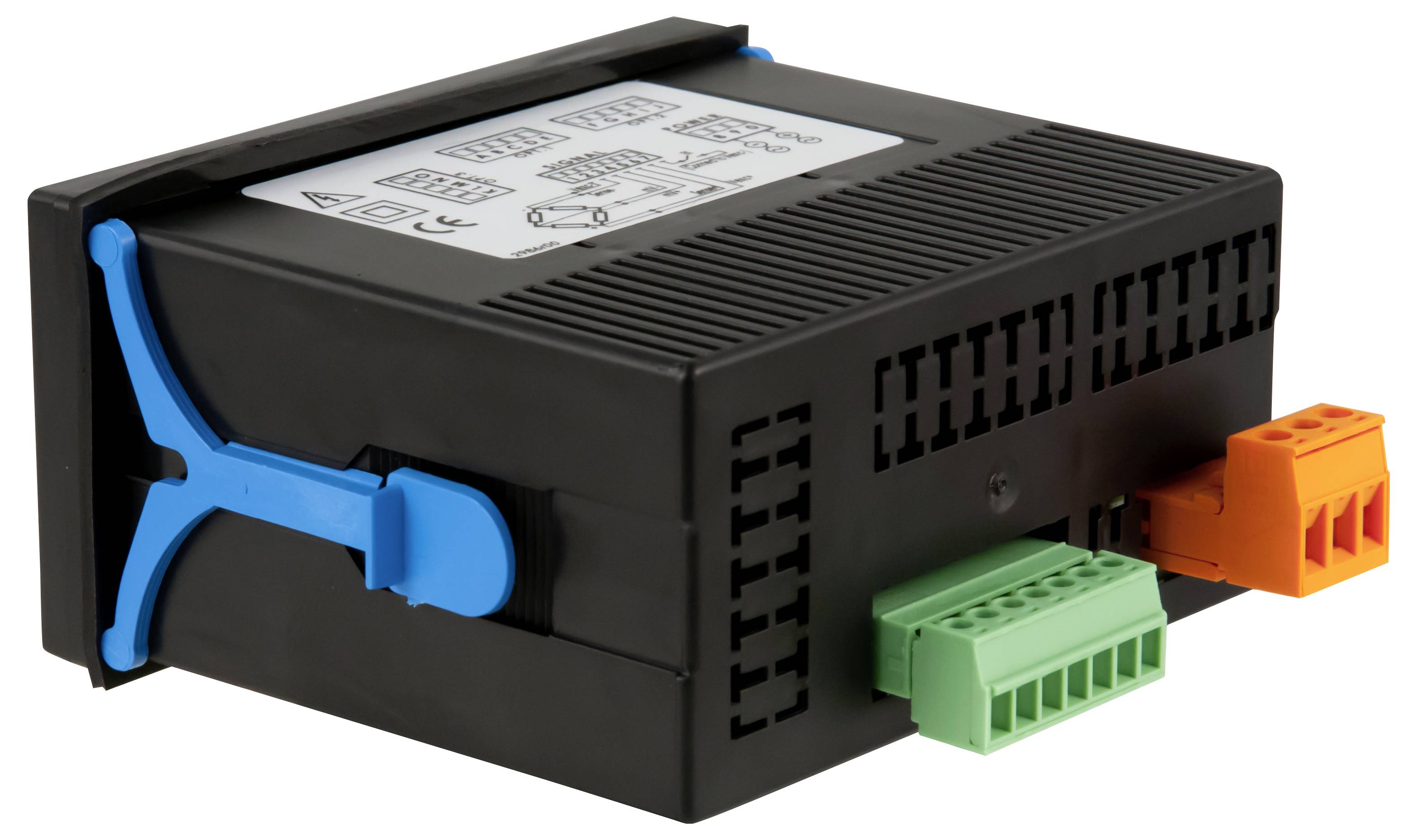 Schwarzes elektronisches Steuermodul mit blauem Verriegelungsclip und grünen sowie orangefarbenen Steckverbindern auf weißem Hintergrund.