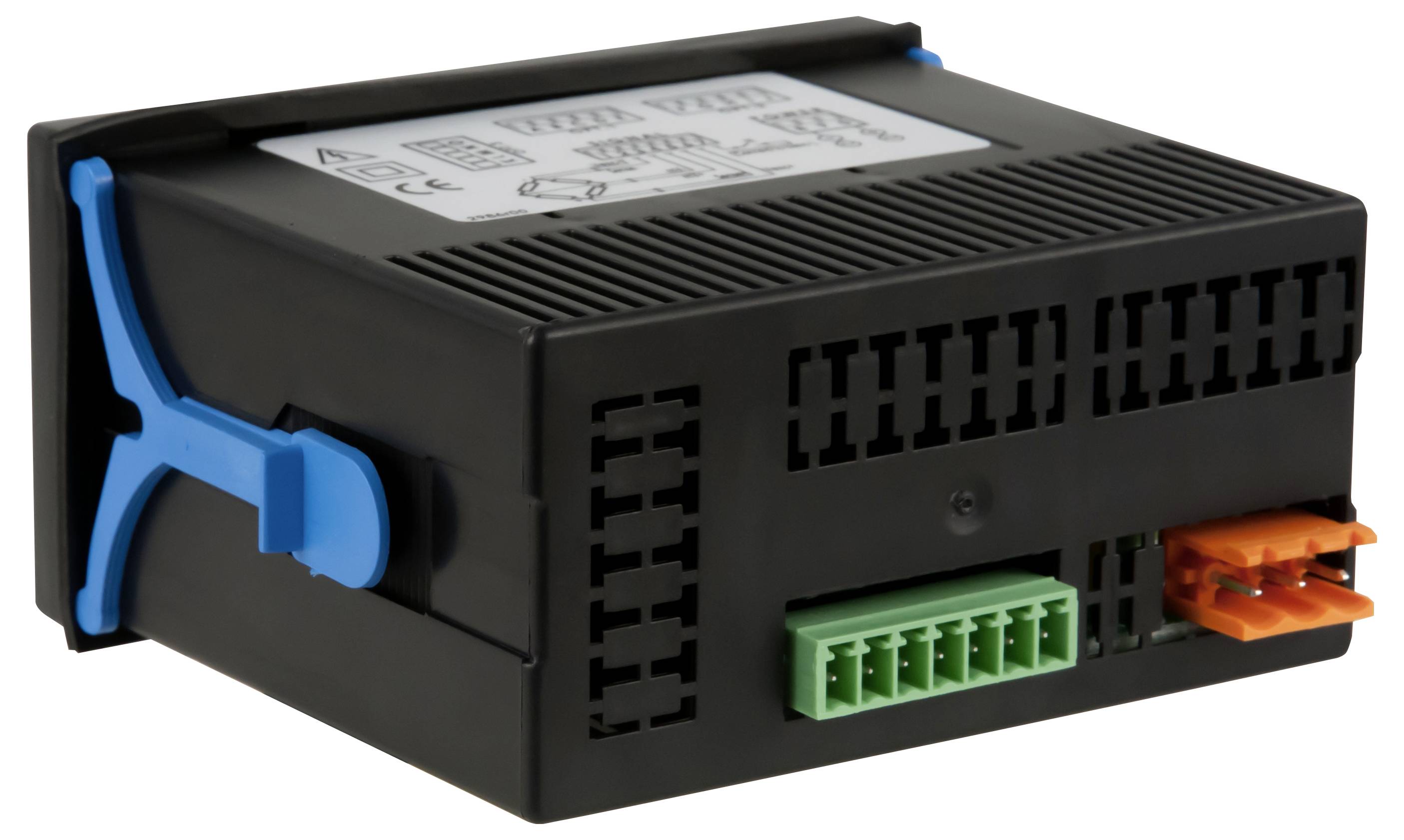 Schwarzes rechteckiges elektronisches Steuermodul mit blauer Seitenschnalle und grünen und orangefarbenen Steckverbindern.