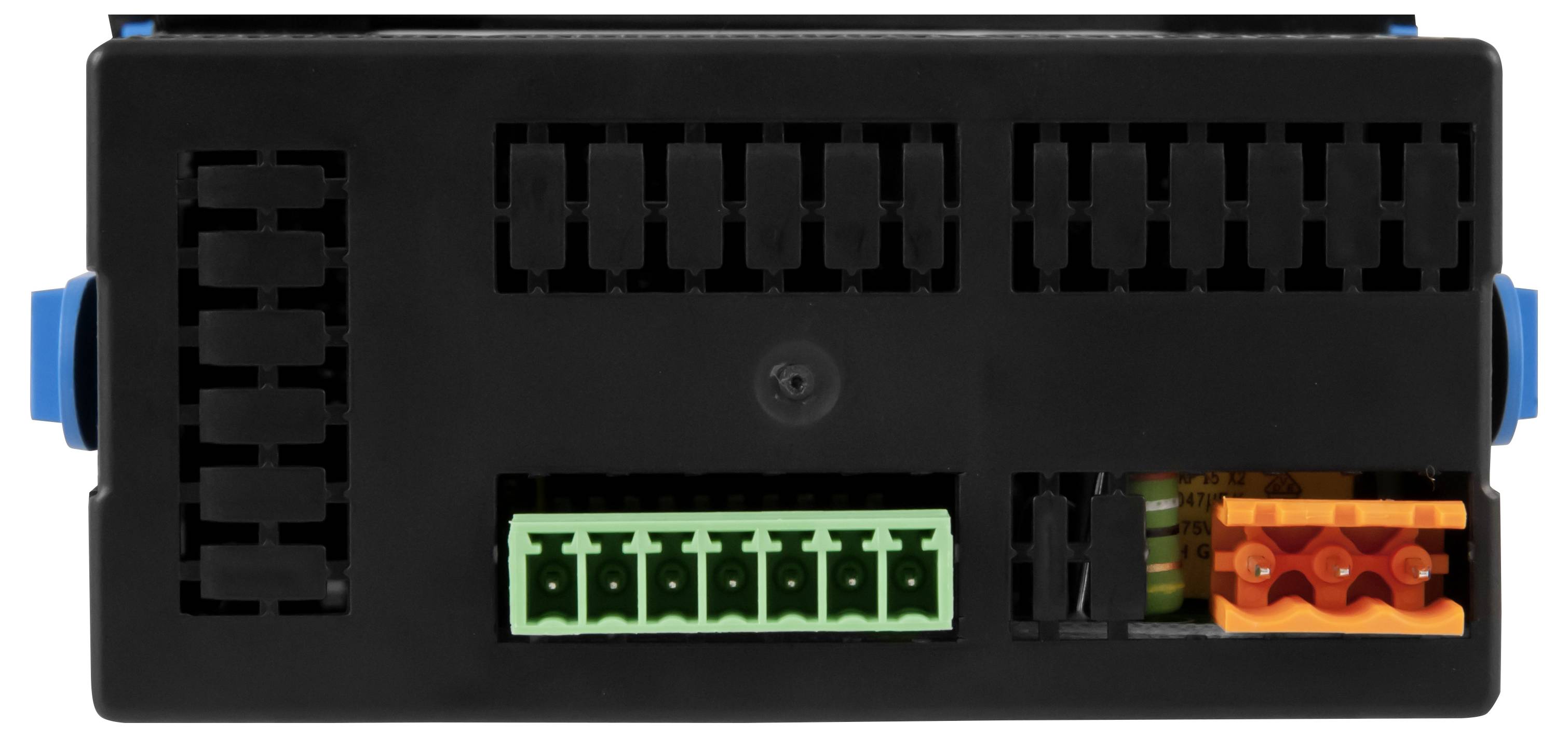 Schwarzes Elektronikmodul mit mehreren farbigen Steckverbindungen an der Vorderseite, einschließlich grüner und orangefarbener Anschlüsse und einem seitlichen Steckplatz für Anschlusselemente.