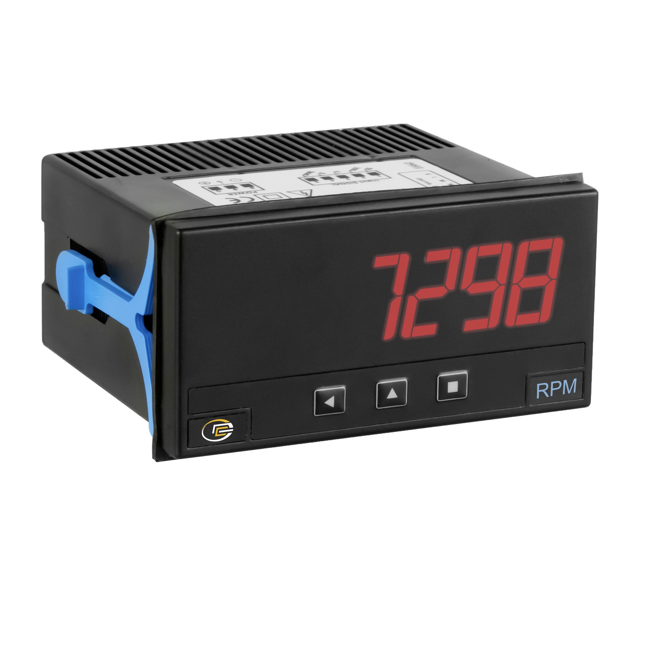 Schwarzes digitales Drehzahlmessgerät-Display mit Anzeige von 7298 auf rotem LED-Anzeigefeld, mit vorderen Tasten und blauem Seitenklemme.