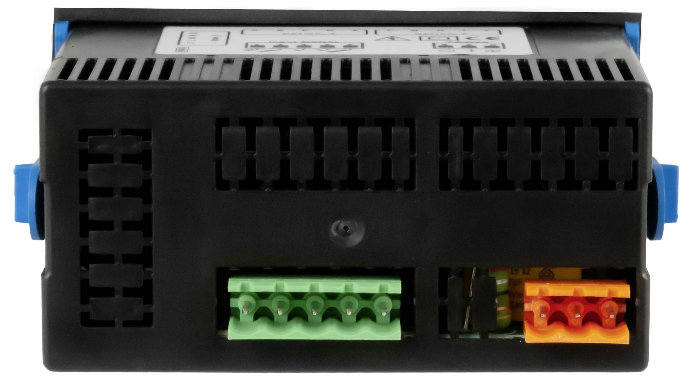 Frontansicht eines schwarzen elektronischen Steuermoduls mit blauen Seitenlaschen und grünen und orangefarbenen Anschlussverbindern an der Unterseite.