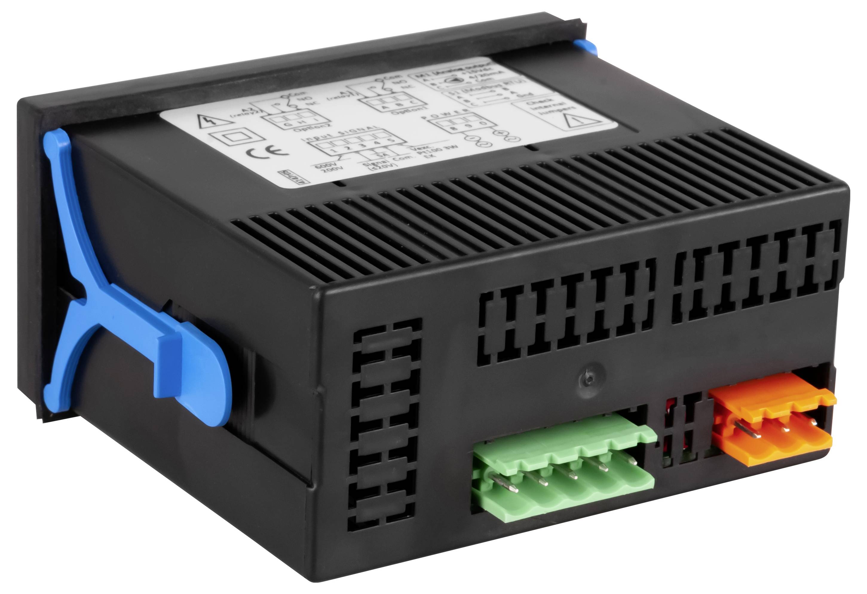 Schwarzes industrielles elektronisches Steuermodul mit belüftetem Gehäuse, blauen Seitenklemmen und grünen und orangefarbenen Steckverbindern an der Vorderseite