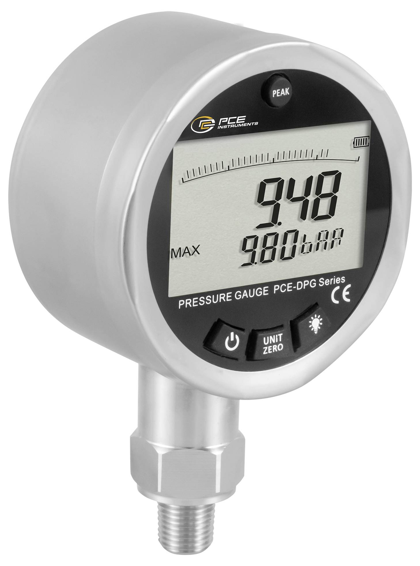 Digitales Druckmanometer zeigt 9,48 und Max. 9,80 bar an, mit einem gewindelten Metallstecker und einer Beschriftung der Serie „PCE-DPG