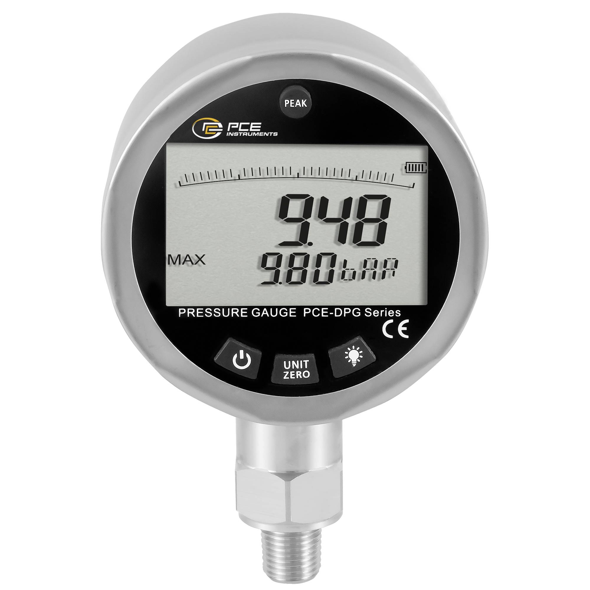 Digitales Druckmanometer mit Anzeige von 9,48 bar, Maximum 9,80 bar, gekennzeichnet PCE-DPG Serie.