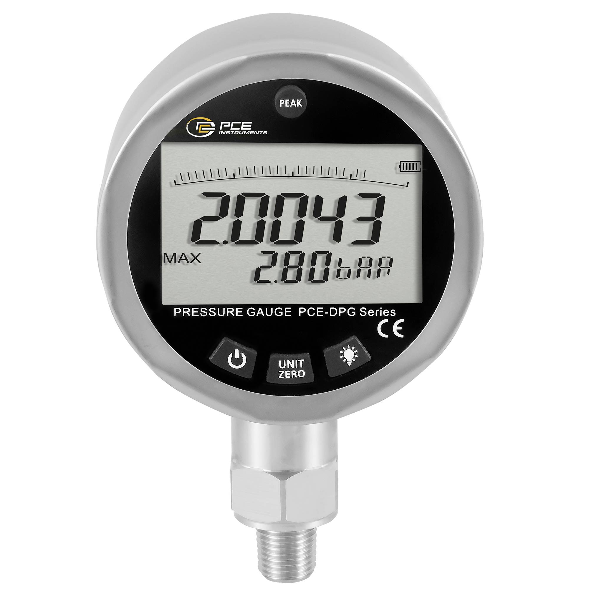 Digitales Druckmanometer mit einer Anzeige von 2,0043 bar, mit Maximum 2,806 bar und Spitzenwertspeicher, montiert auf einem Gewindelanschluss.