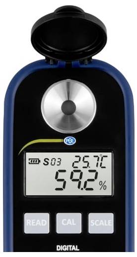 Tragbares digitales Messgerät mit Anzeige von 25,7°C und 59,2%, mit Tasten beschriftet READ, CAL und SCALE.