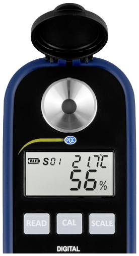 Ein digitales Messgerät zeigt Temperatur mit '21,7°C' und Luftfeuchtigkeit mit '56%' auf einem Display.