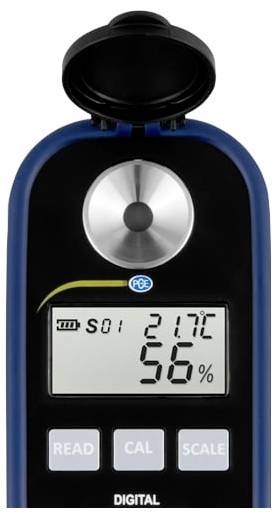Tragbares digitales Messgerät mit Anzeige des Bodenfeuchtegrades von 56% und einer Temperatur von 21,7°C, mit Tasten mit den Beschriftungen Read, Cal und Scale.