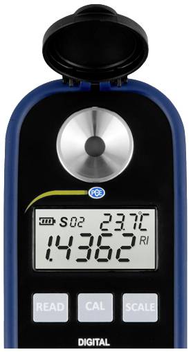 Digitales Messgerät mit großem Display zeigt 'SO2', Temperatur '23.7°C' und Wert '14362'. Tasten: 'READ', 'CAL', 'SCALE'.