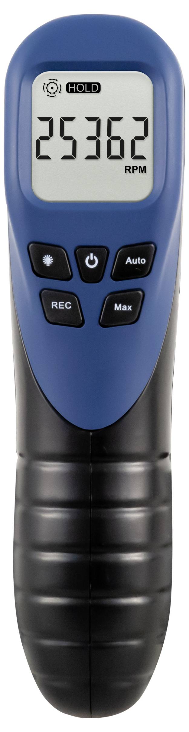 Tragbarer digitales Tachometer zeigt 25362 U/min an, mit Halten-, Aufzeichnungs-, Maximum- und Automatiktasten.