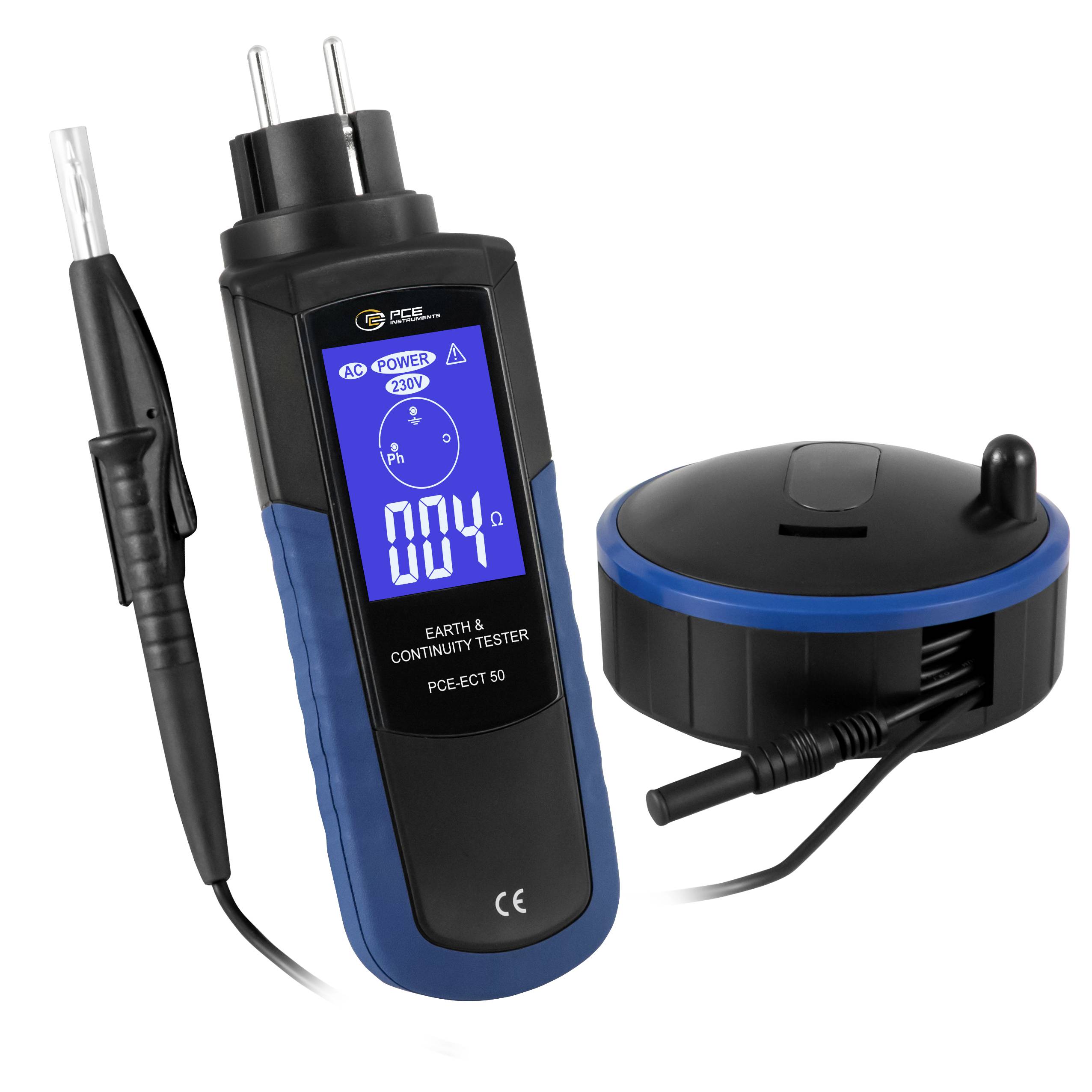 Digitales Erdungs- und Durchgangsprüfgerät mit Sonde und runder Fernbedienungseinheit, zeigt 0,4 Ohm auf einem blauem hinterleuchtetem Display an.