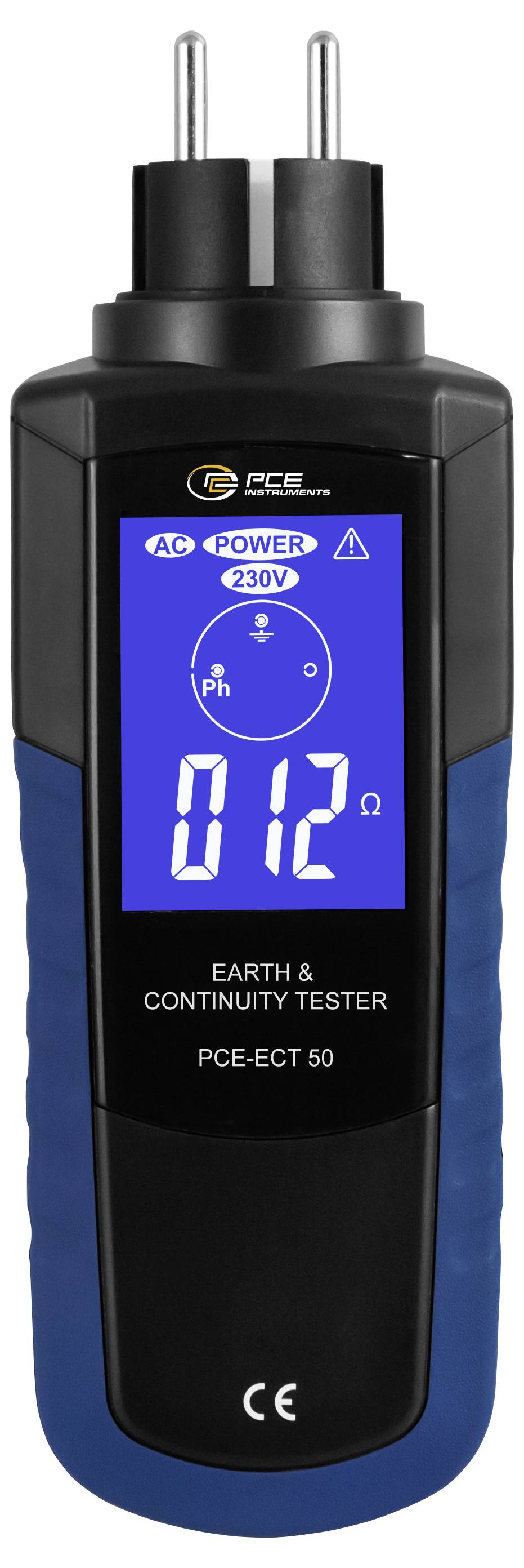 Tragbares Erdungs- und Durchgangsprüfgerät mit blauem digitalen Display, das 0,12 Ohm anzeigt, sowie Symbole für AC-Spannung 230V.