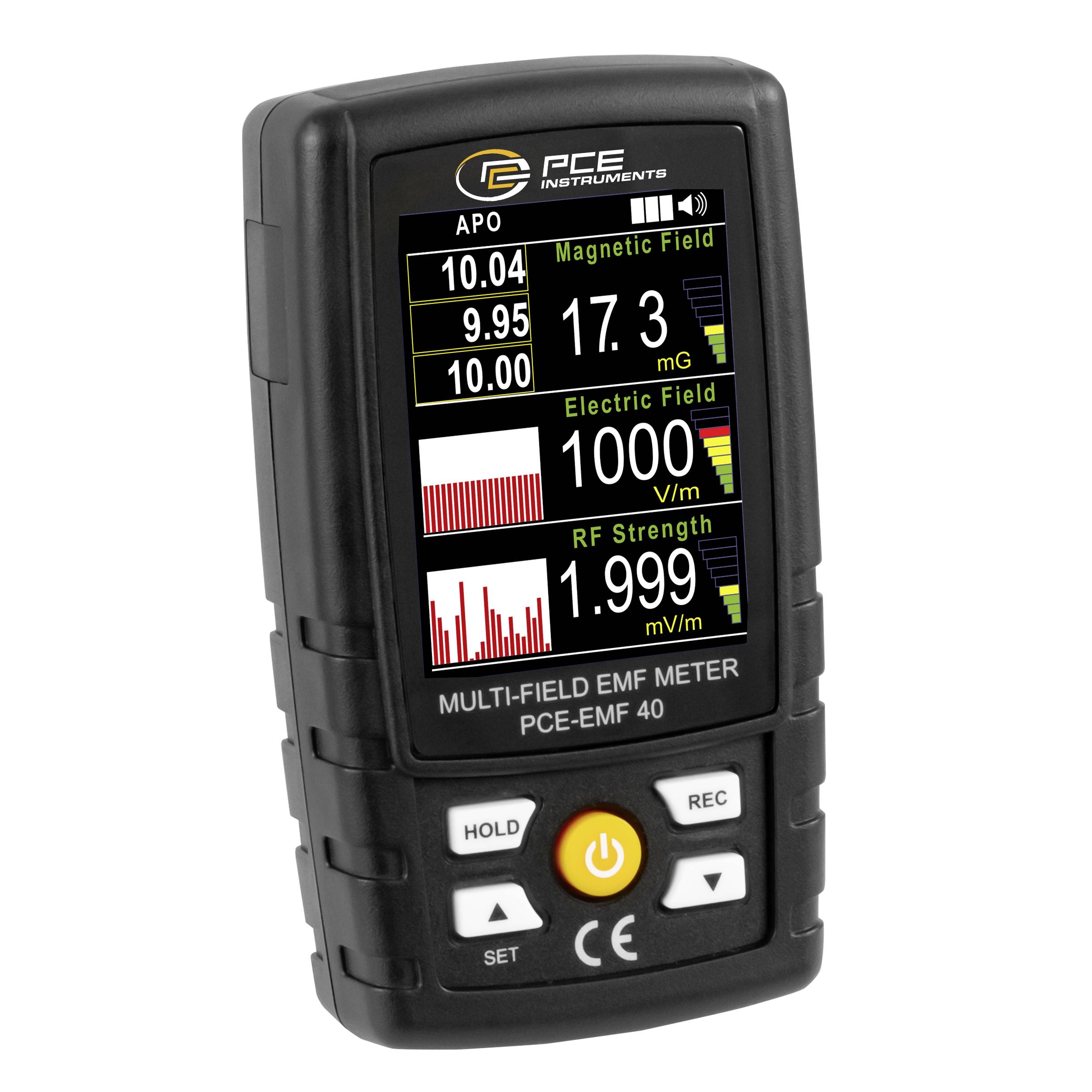 Tragbares PCE-Mehrzonen-EMF-Messer, das ein Magnetfeld von 17,3 mG, ein elektrisches Feld von 1000 V/m und eine HF-Stärke von 1,999 mV/m anzeigt.